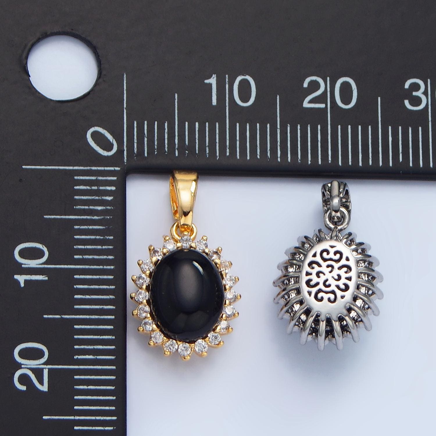 Cz micro paved black oval onyx gemstone 24k gold filled pendant in gold & silver | aa-981