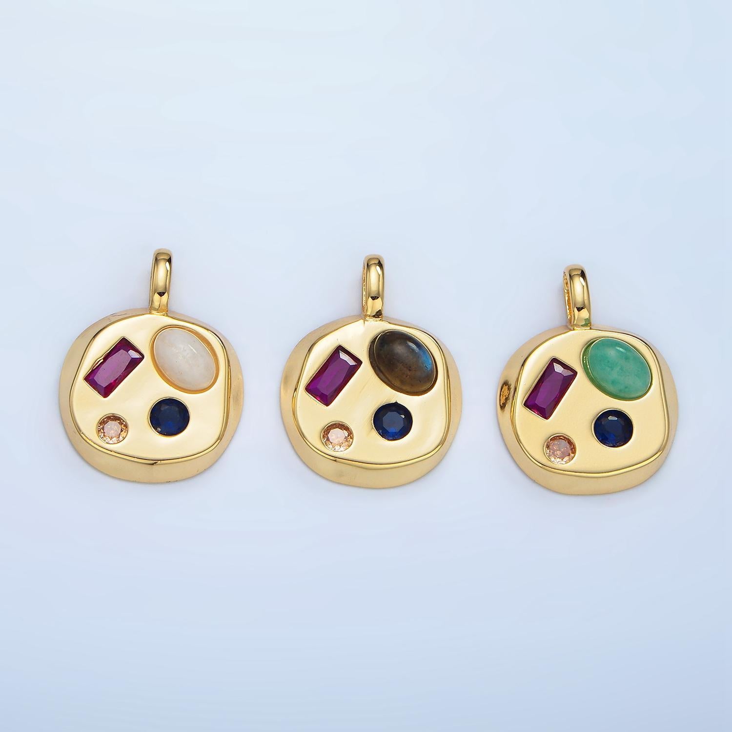 Cz round multicolor amazonite, labradorite cabochon, moonstone 24k gold filled pendant | aa-970 - aa-972