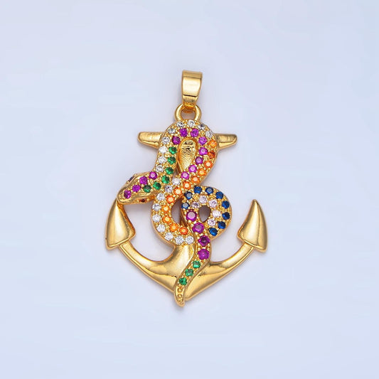 Multi-color cz serpent on anchor 24k gold filled pendant | aa-946