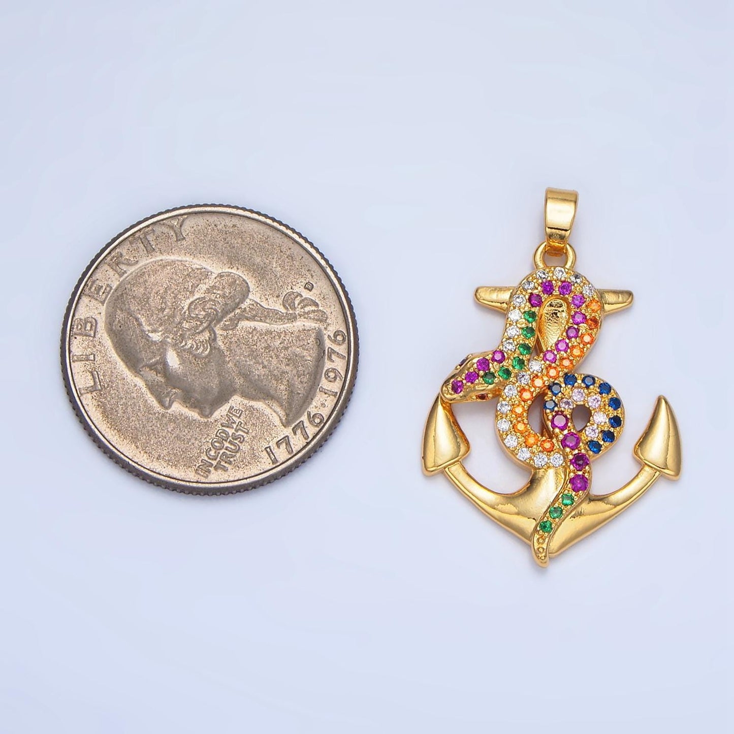 Multi-color cz serpent on anchor 24k gold filled pendant | aa-946