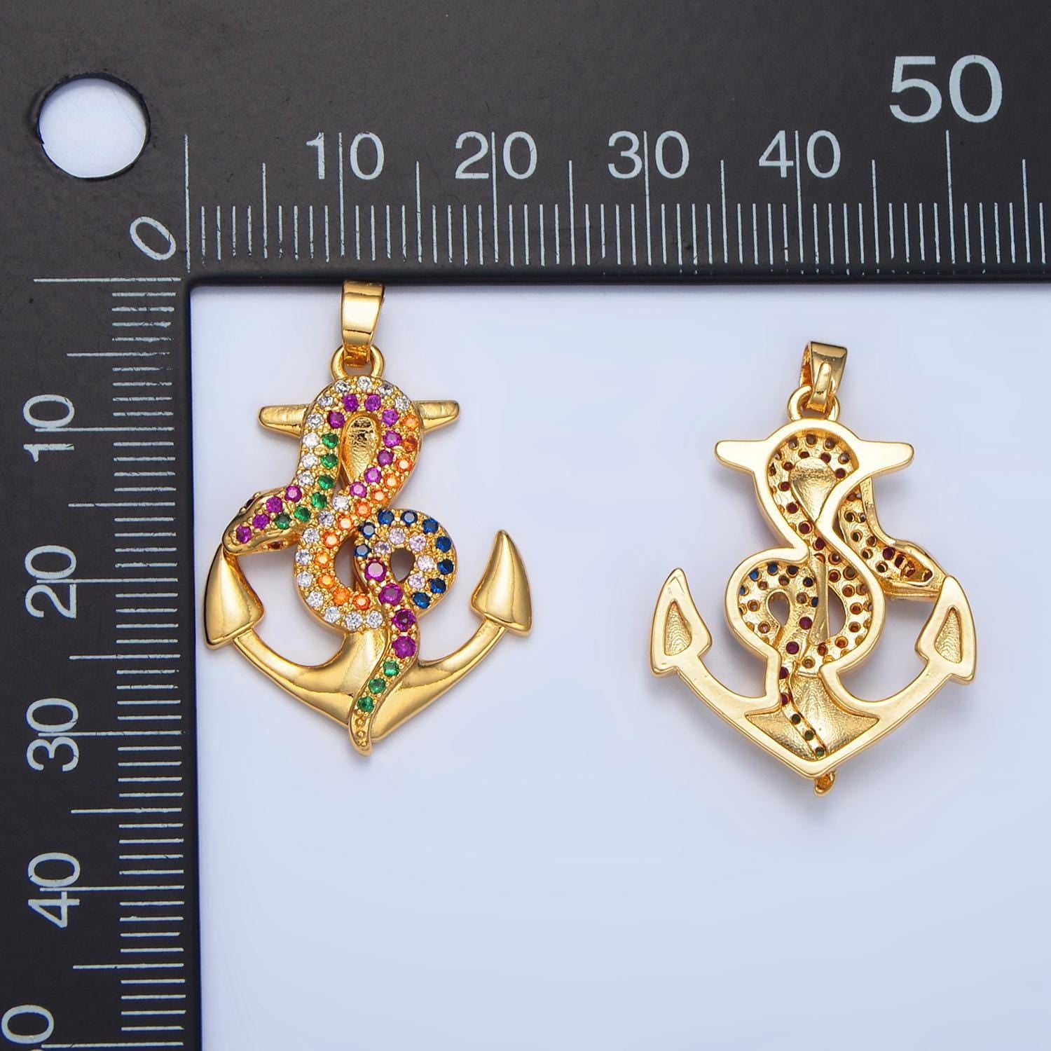 Multi-color cz serpent on anchor 24k gold filled pendant | aa-946