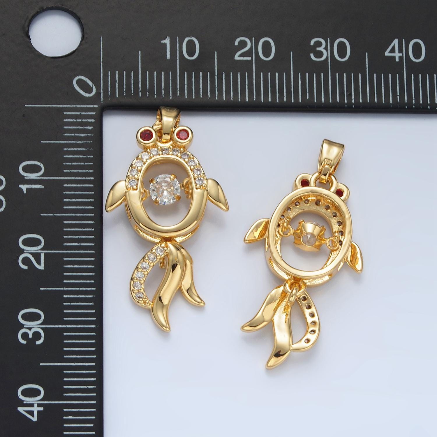 Open puffy fish red cz eyes paved, 24k gold filled animal charm | aa-898