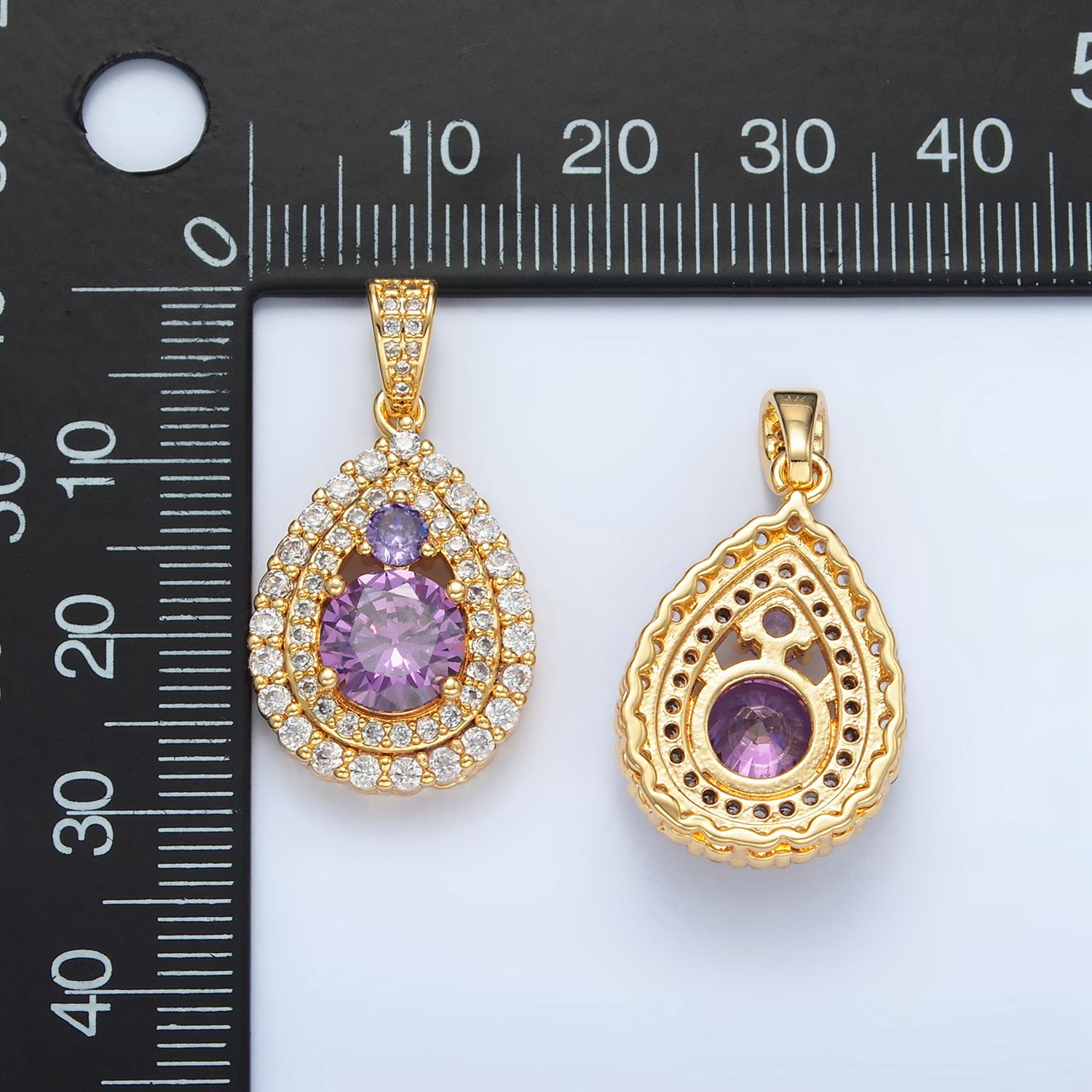 Micro paved cz teardrop purple cz , 24k gold filled pendant | aa-890