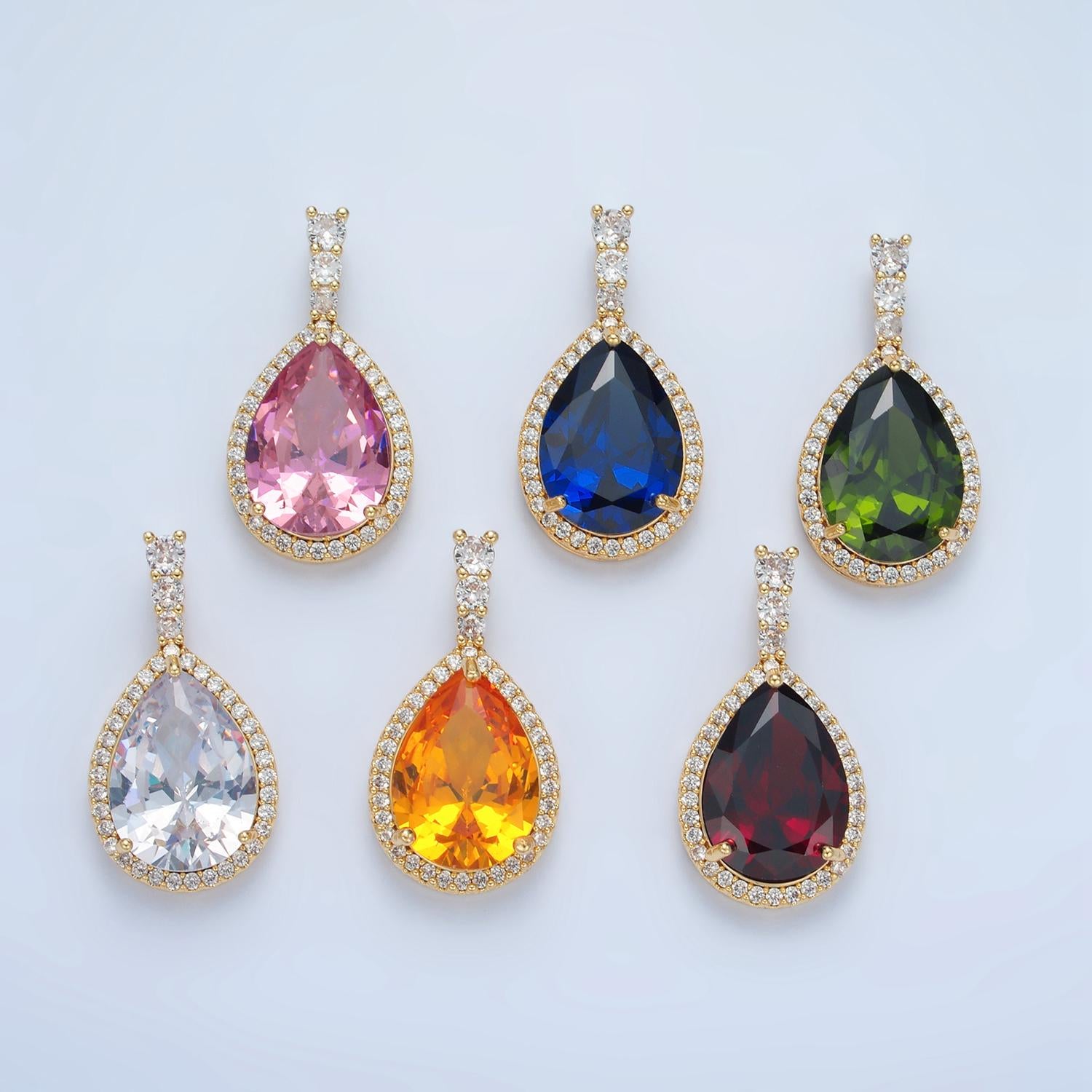 Clear, pink, yellow, blue, red, green cz teardrop micro pave cz, 24k gold filled pendant | aa882-aa887