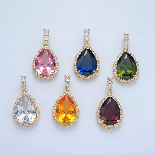 Clear, pink, yellow, blue, red, green cz teardrop micro pave cz, 24k gold filled pendant | aa882-aa887