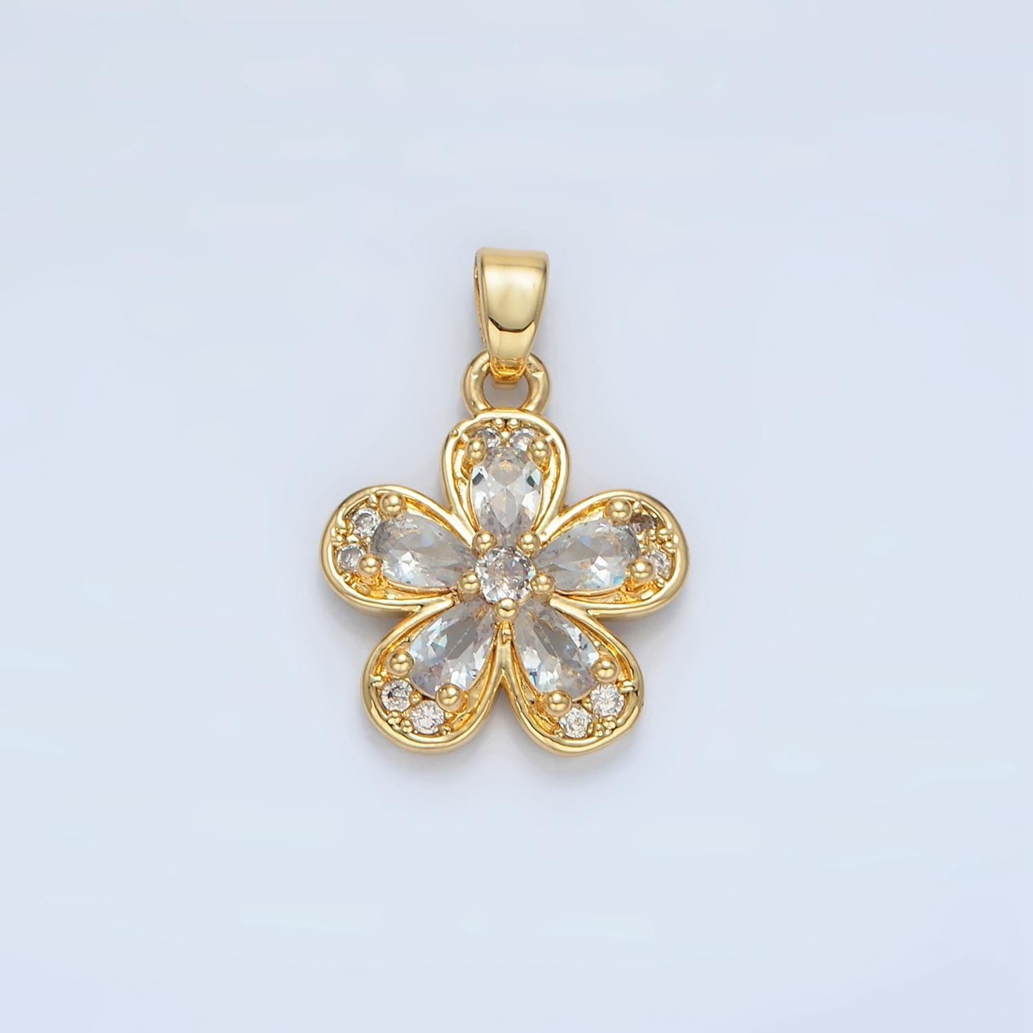 Clear, yellow, pink cz periwinkle flower 24k gold filled floral pendant | aa877-aa878