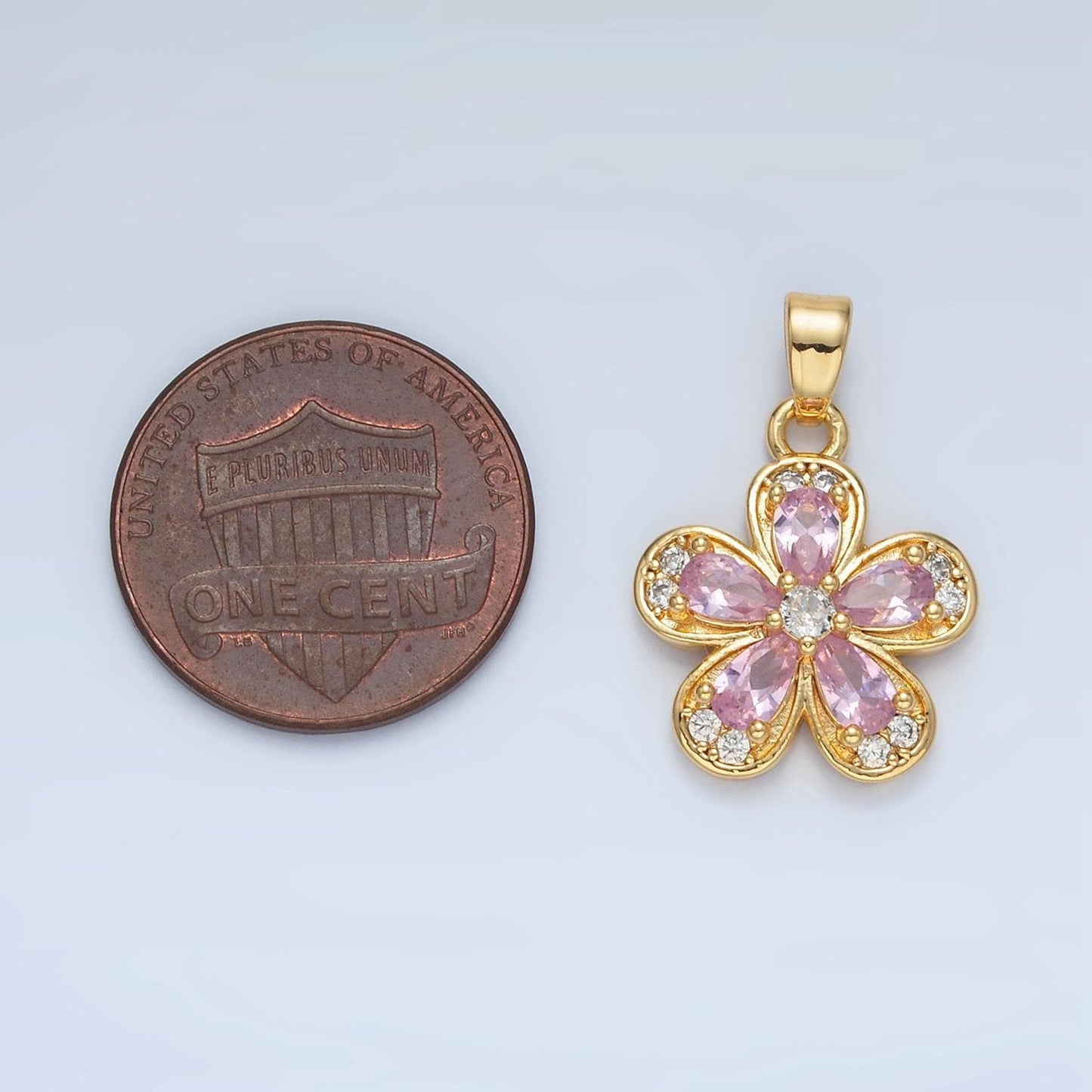 Clear, yellow, pink cz periwinkle flower 24k gold filled floral pendant | aa877-aa878