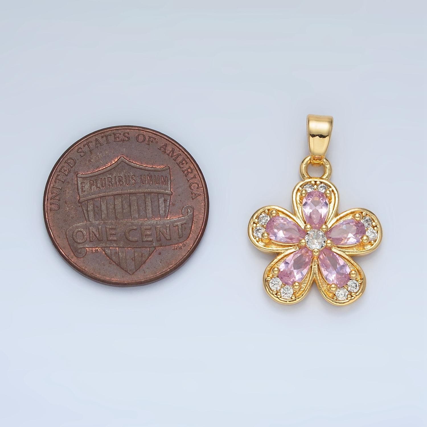 Clear, yellow, pink cz periwinkle flower 24k gold filled floral pendant | aa877-aa878
