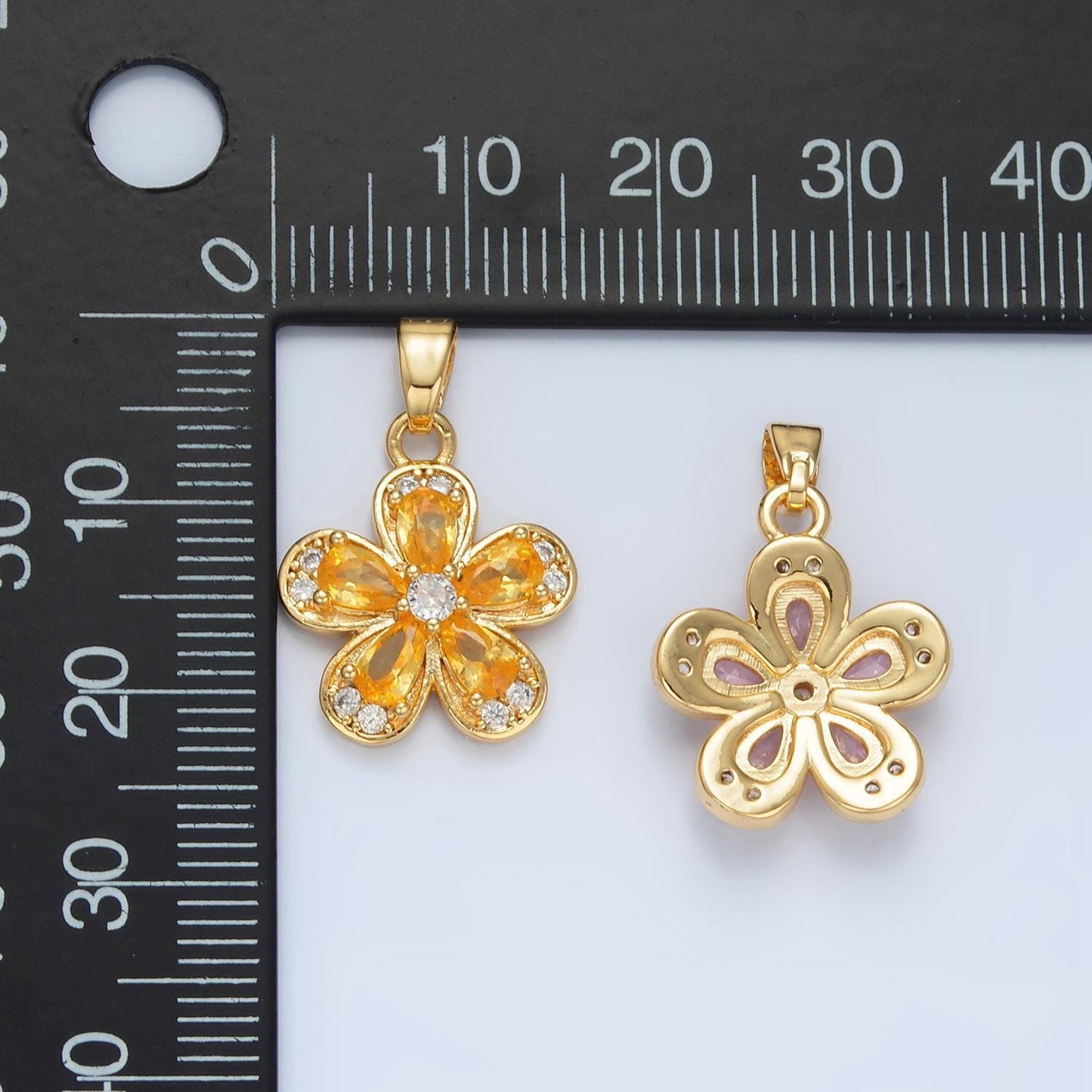Clear, yellow, pink cz periwinkle flower 24k gold filled floral pendant | aa877-aa878