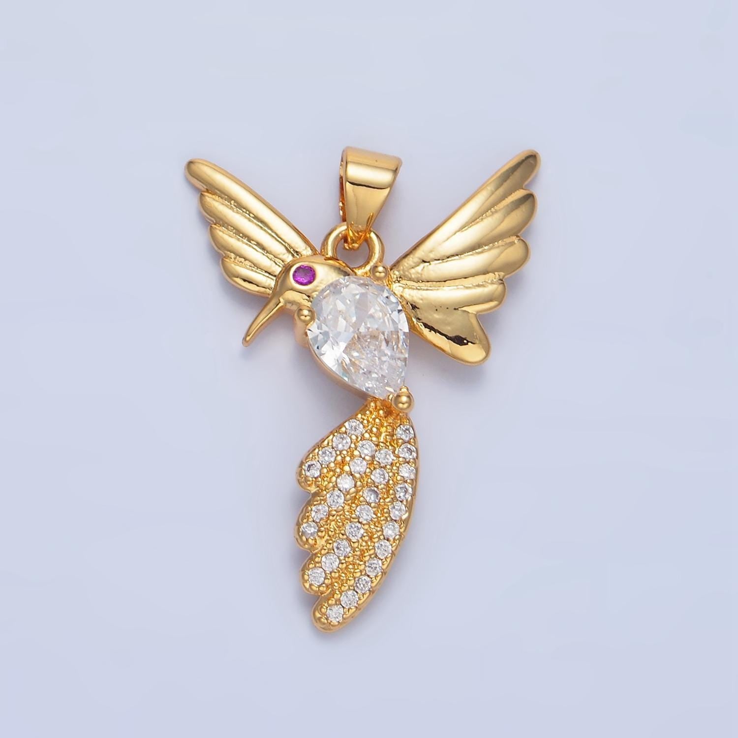 Clear cz micro paved hummingbird animal 24k gold filled pendant | aa-788