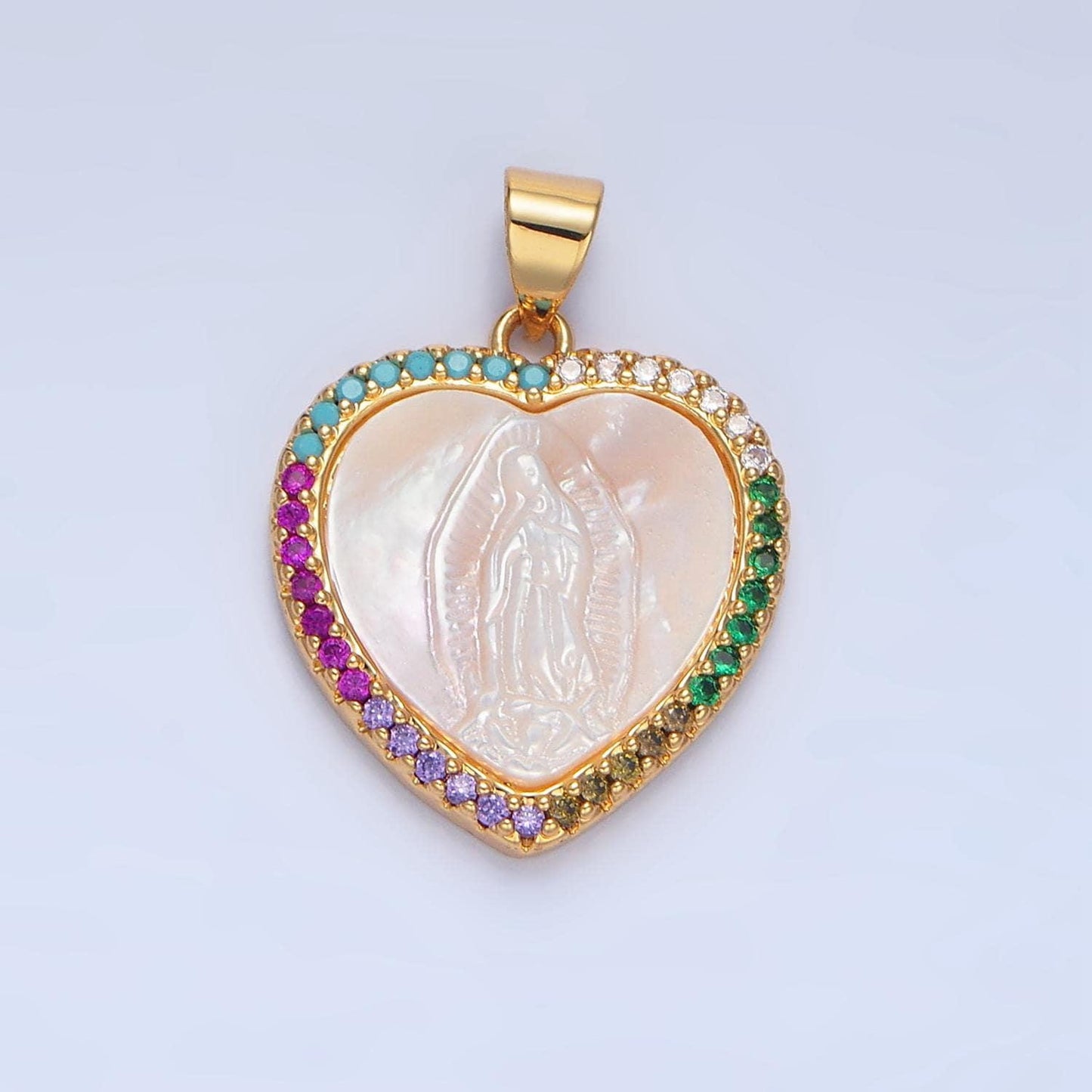 Shell pearl guadalupe heart micro paved cz gold filled religious pendant | aa-784