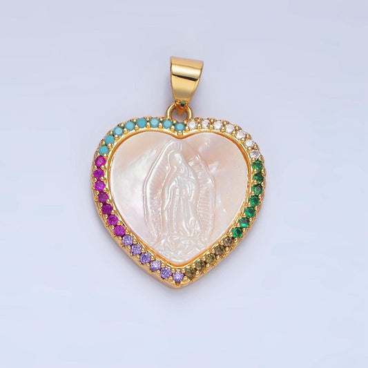 Shell pearl guadalupe heart micro paved cz gold filled religious pendant | aa-784