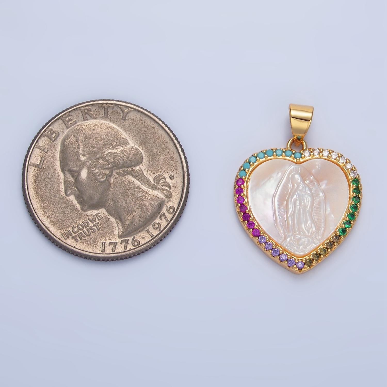 Shell pearl guadalupe heart micro paved cz gold filled religious pendant | aa-784