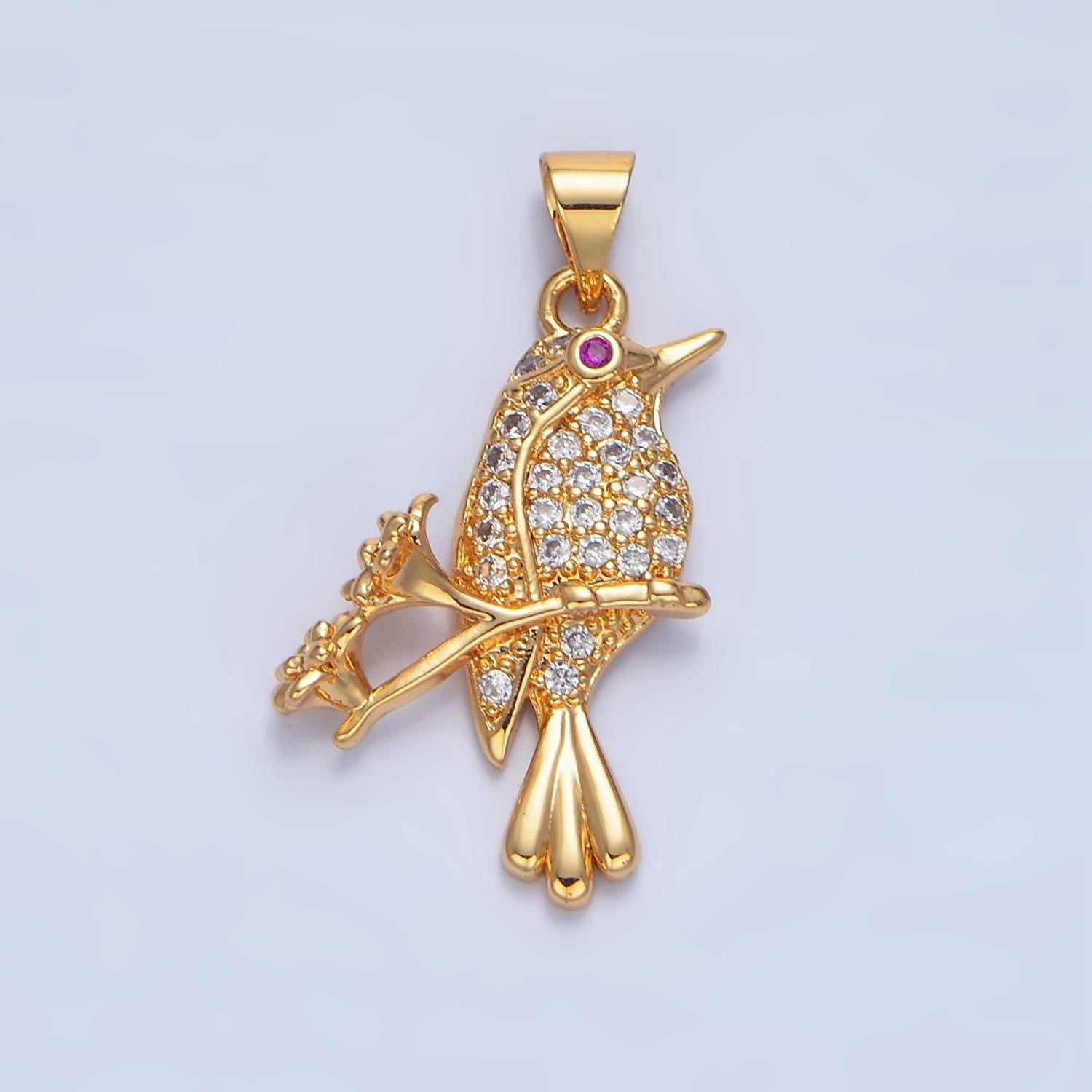 Micro paved cz bird flower 24k gold filled pendant | aa-783