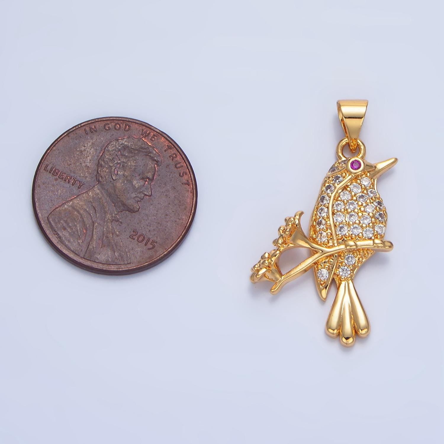 Micro paved cz bird flower 24k gold filled pendant | aa-783