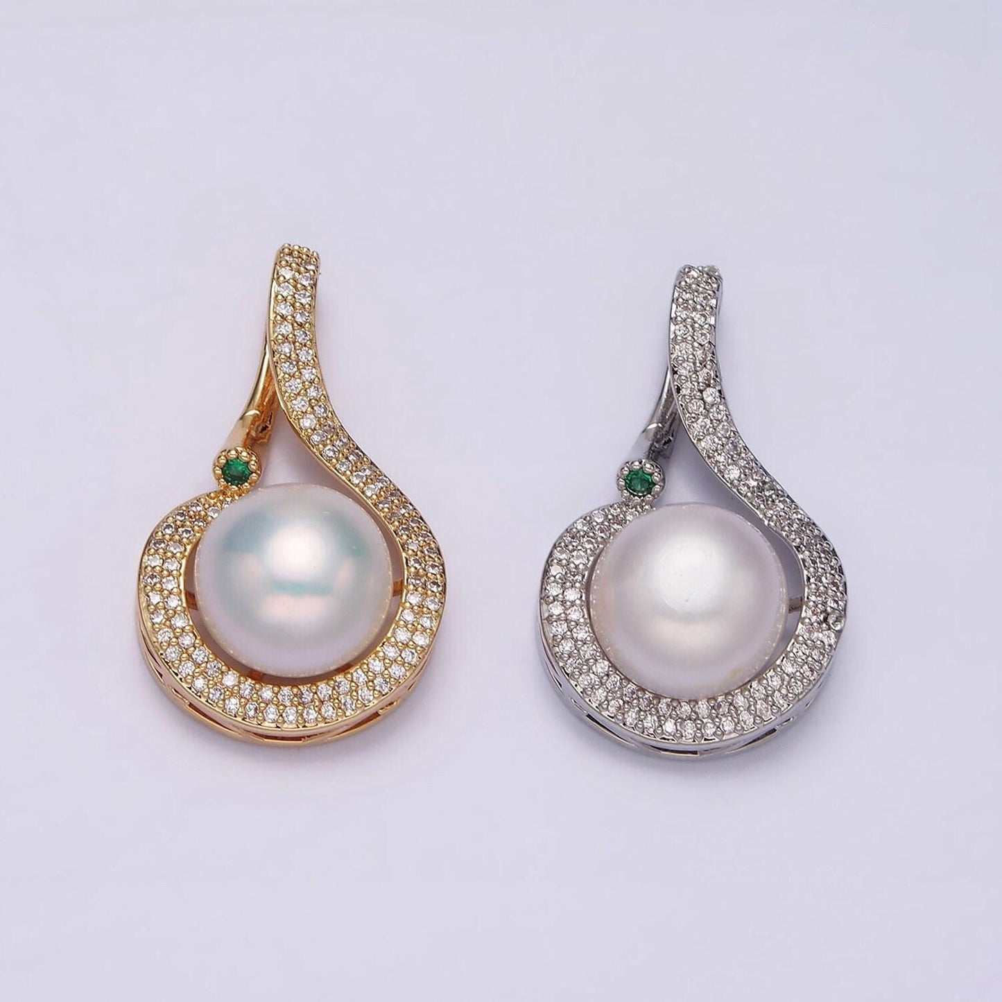 16k gold filled round white pearl curved micro paved cz pendant in gold & silver | aa775 aa776