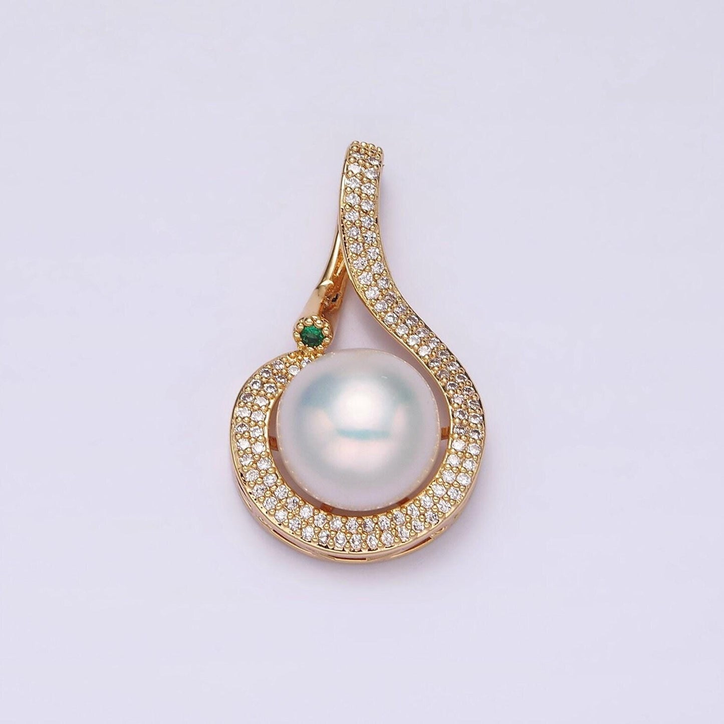 16k gold filled round white pearl curved micro paved cz pendant in gold & silver | aa775 aa776