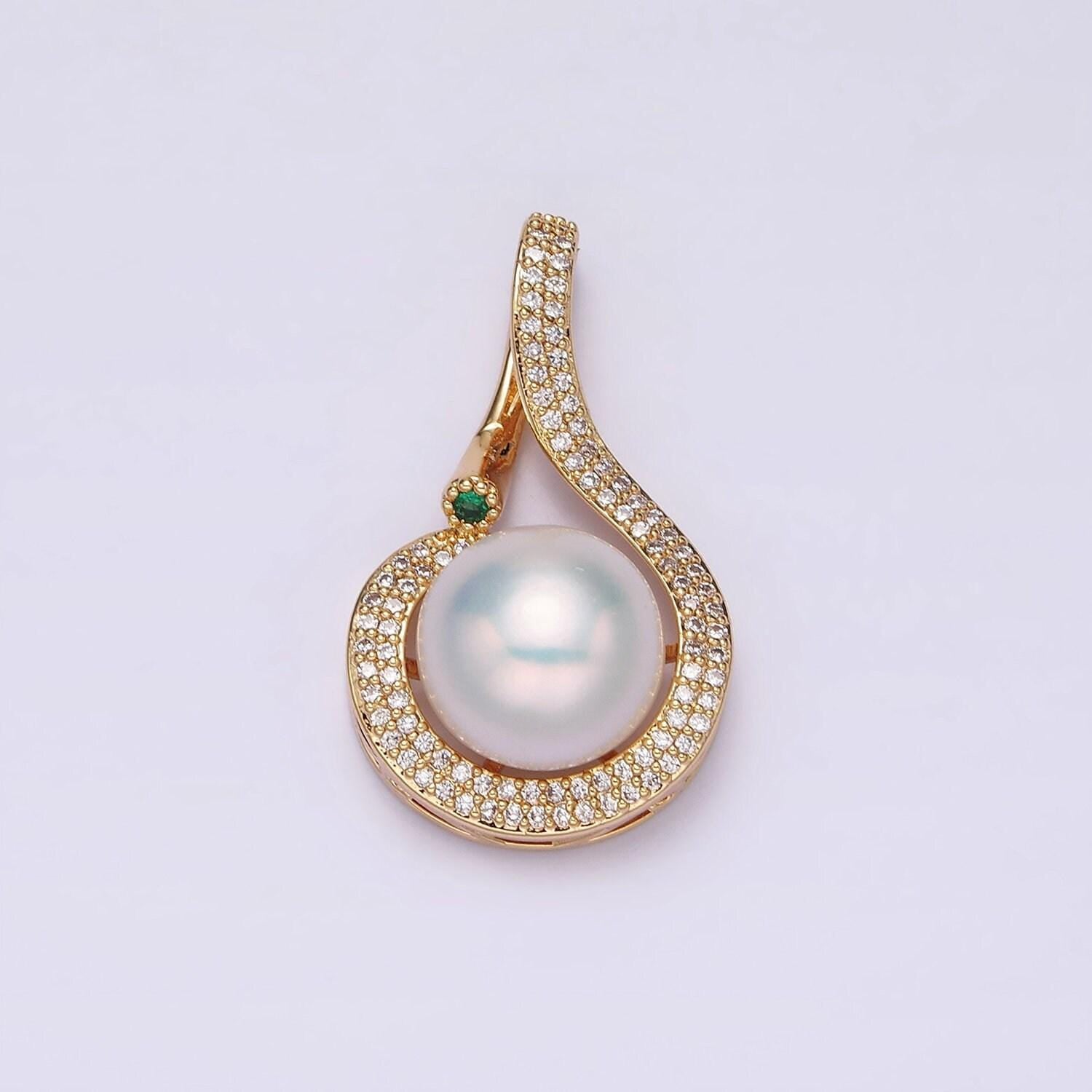 16k gold filled round white pearl curved micro paved cz pendant in gold & silver | aa775 aa776