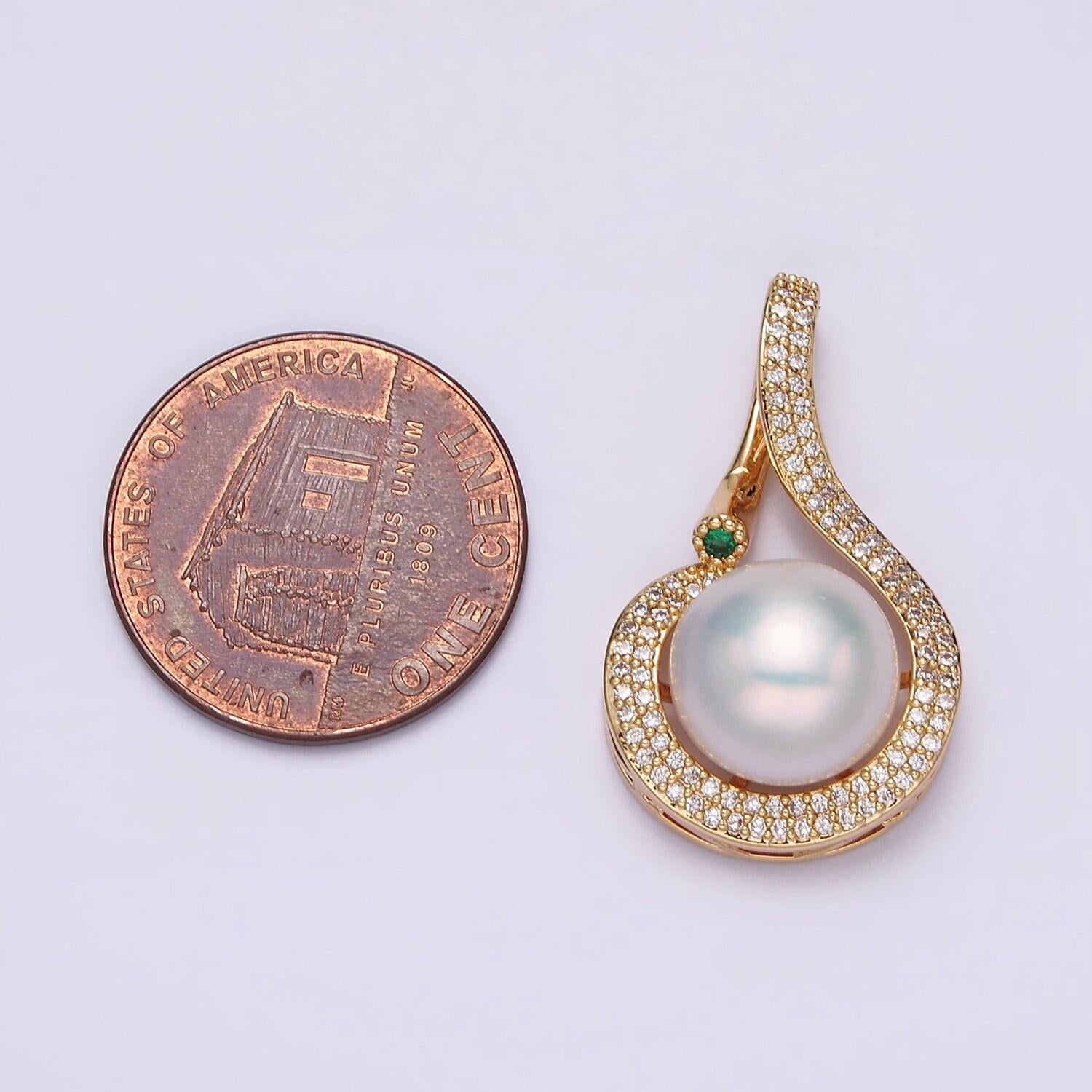 16k gold filled round white pearl curved micro paved cz pendant in gold & silver | aa775 aa776