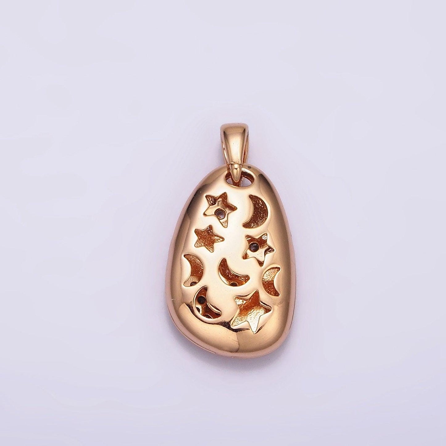 18k gold filled triple star micro paved cz double sided open moon celestial abstract oval pendant pinky gold charm | aa764