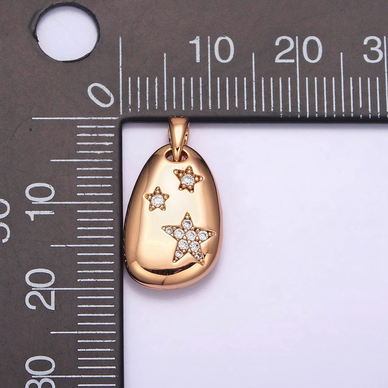18k gold filled triple star micro paved cz double sided open moon celestial abstract oval pendant pinky gold charm | aa764