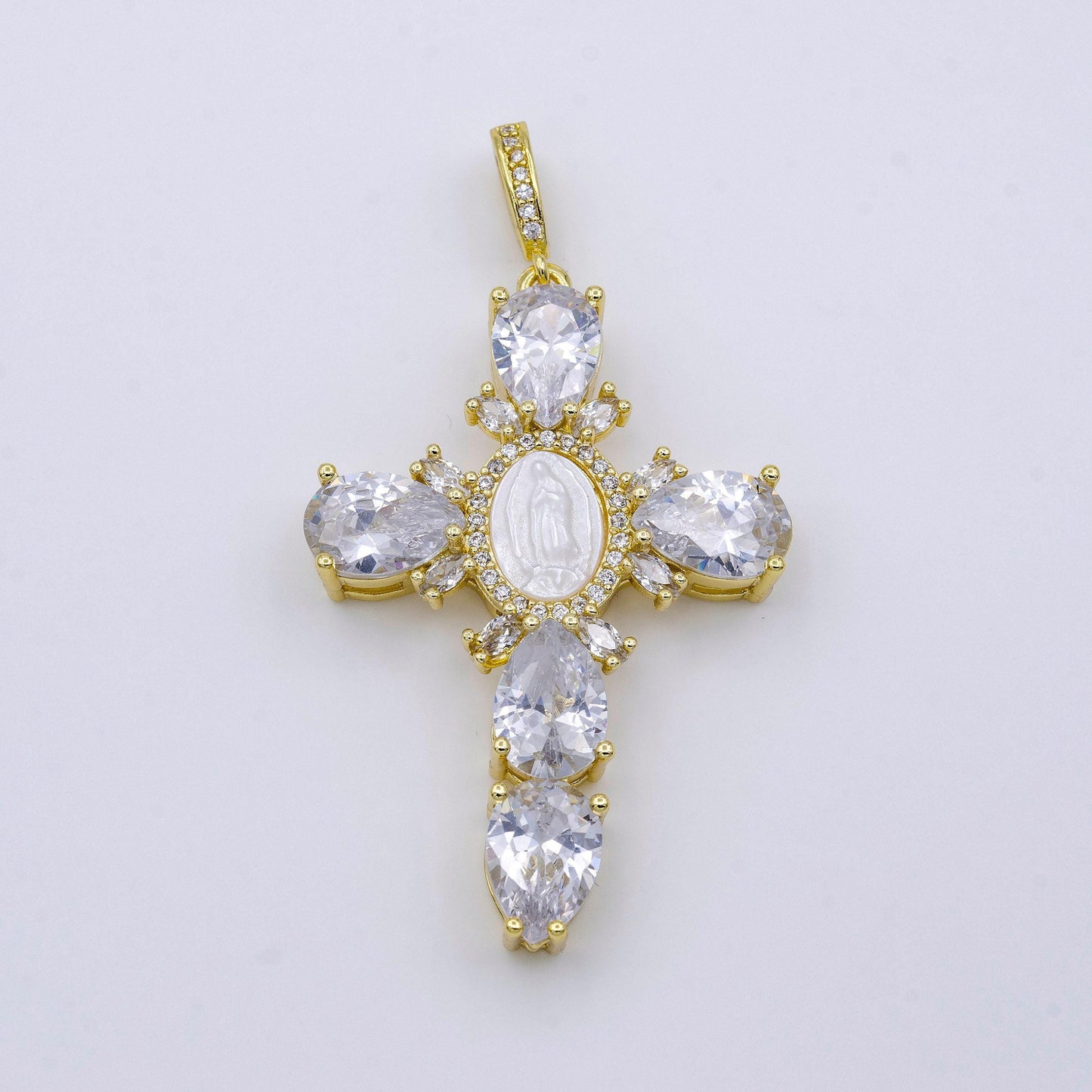 14k gold filled cross teardrop cz mother of pearl lady guadalupe mary statement pendant | aa-757