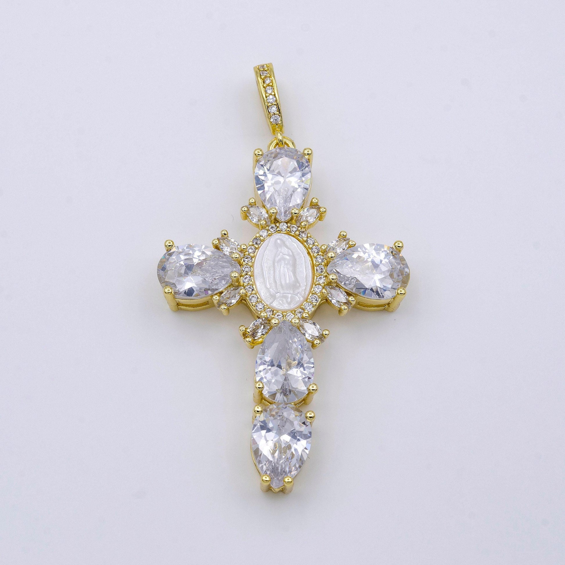 14k gold filled cross teardrop cz mother of pearl lady guadalupe mary statement pendant | aa-757