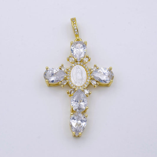 14k gold filled cross teardrop cz mother of pearl lady guadalupe mary statement pendant | aa-757