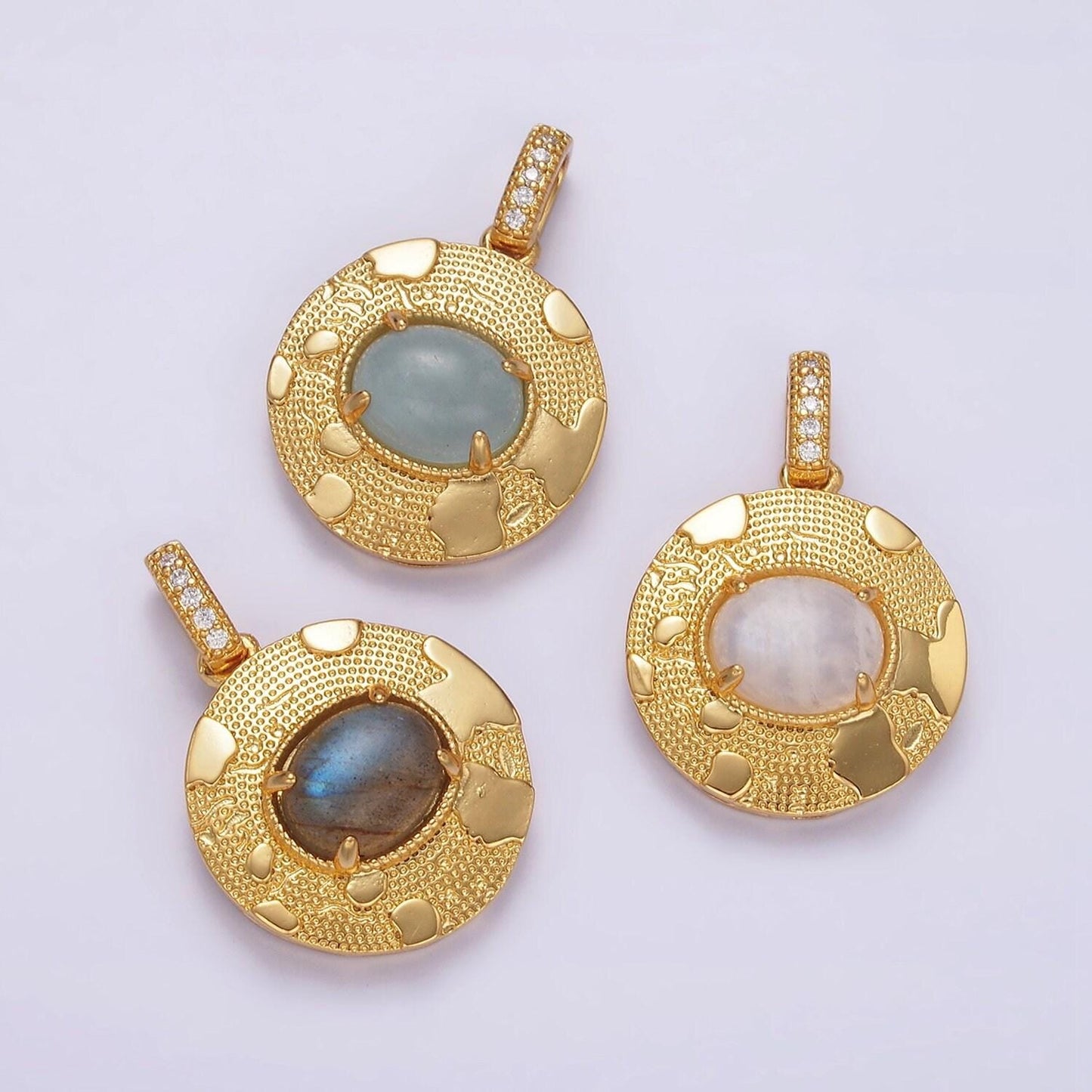 14k gold filled 22.5mm moonstone, labradorite, blue agate oval dotted splatter micro paved cz bail round pendant | aa692 - aa694