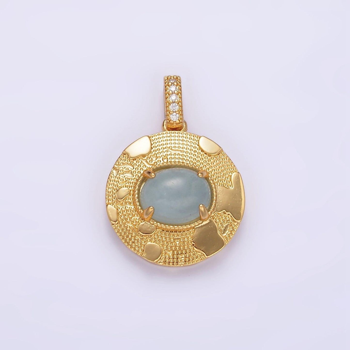 14k gold filled 22.5mm moonstone, labradorite, blue agate oval dotted splatter micro paved cz bail round pendant | aa692 - aa694