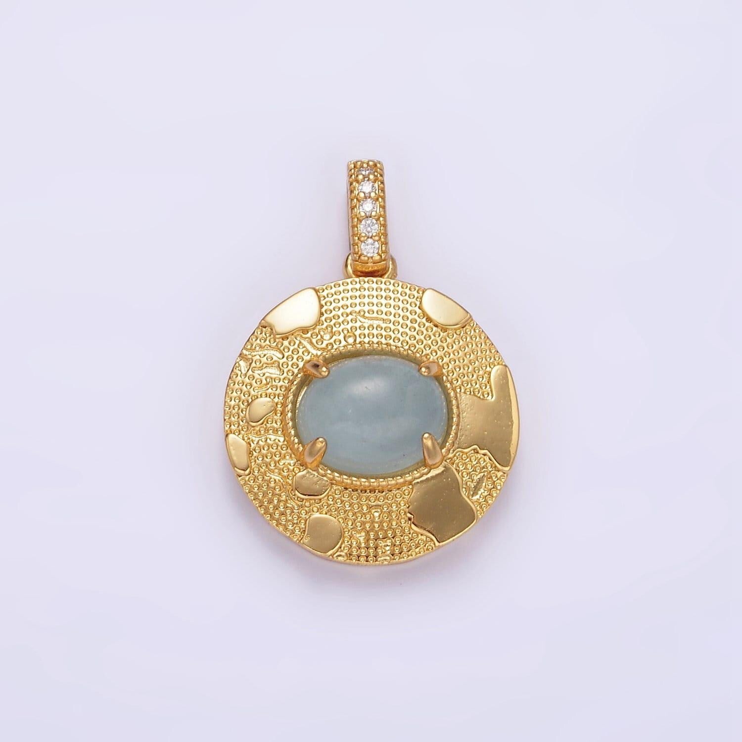 14k gold filled 22.5mm moonstone, labradorite, blue agate oval dotted splatter micro paved cz bail round pendant | aa692 - aa694