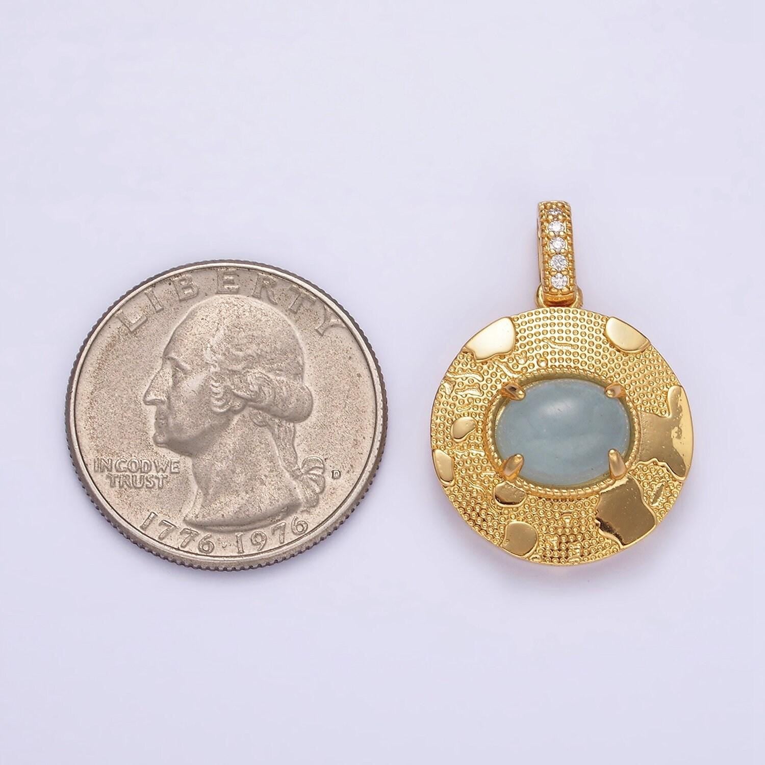 14k gold filled 22.5mm moonstone, labradorite, blue agate oval dotted splatter micro paved cz bail round pendant | aa692 - aa694