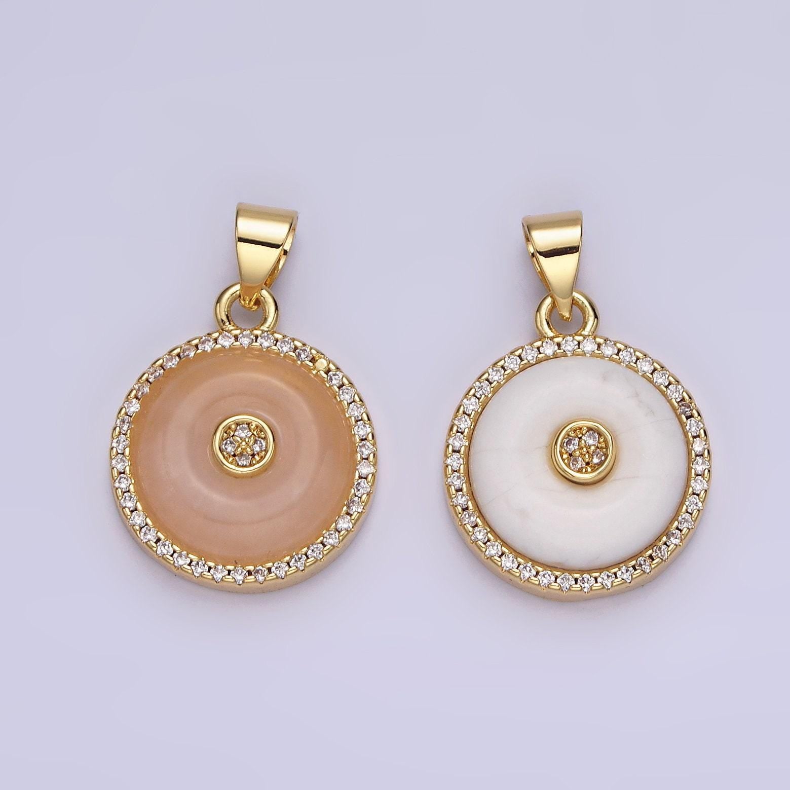 14k gold filled orange cat's eye, white howlite donut natural gemstone micro paved cz round pendant | aa662 aa663