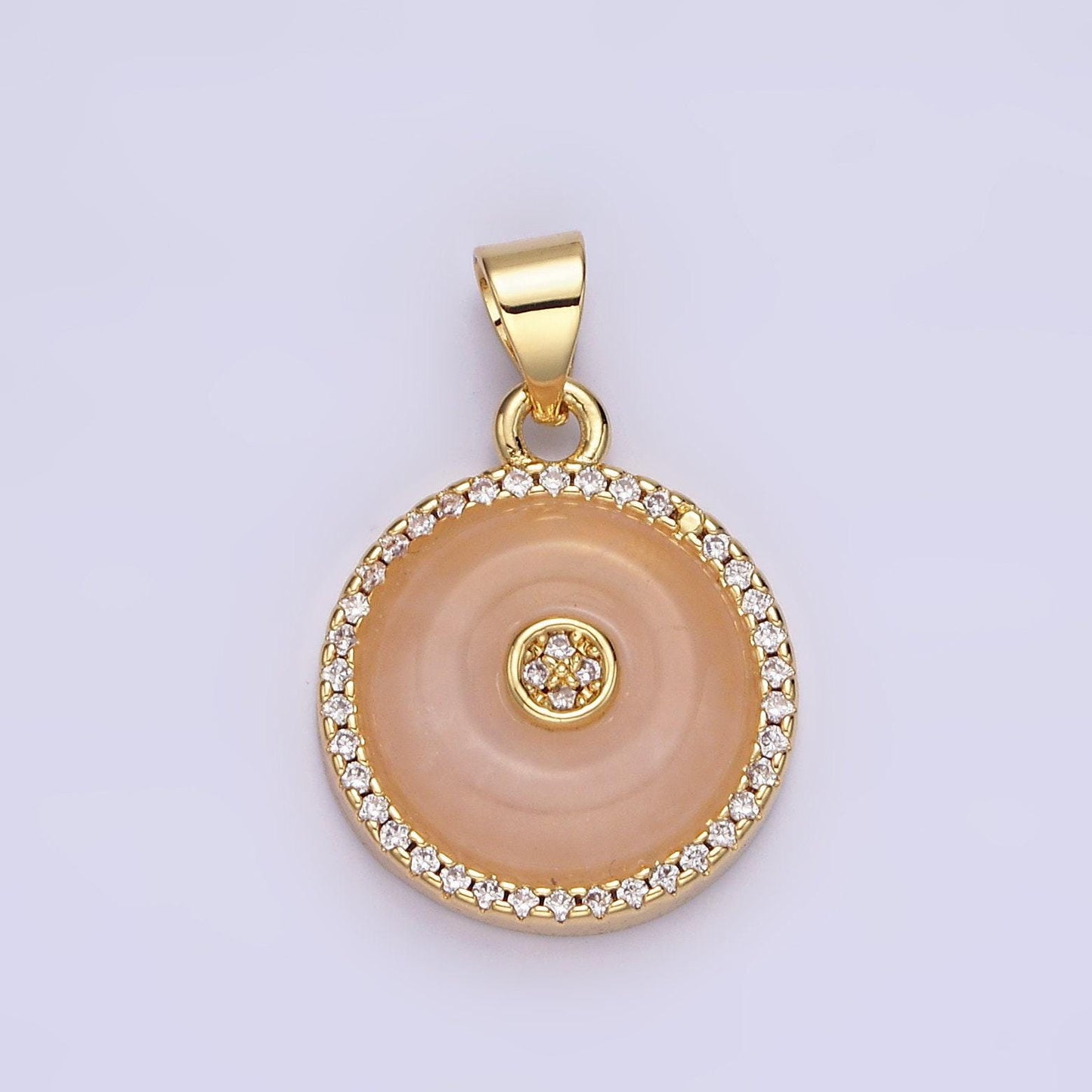 14k gold filled orange cat's eye, white howlite donut natural gemstone micro paved cz round pendant | aa662 aa663