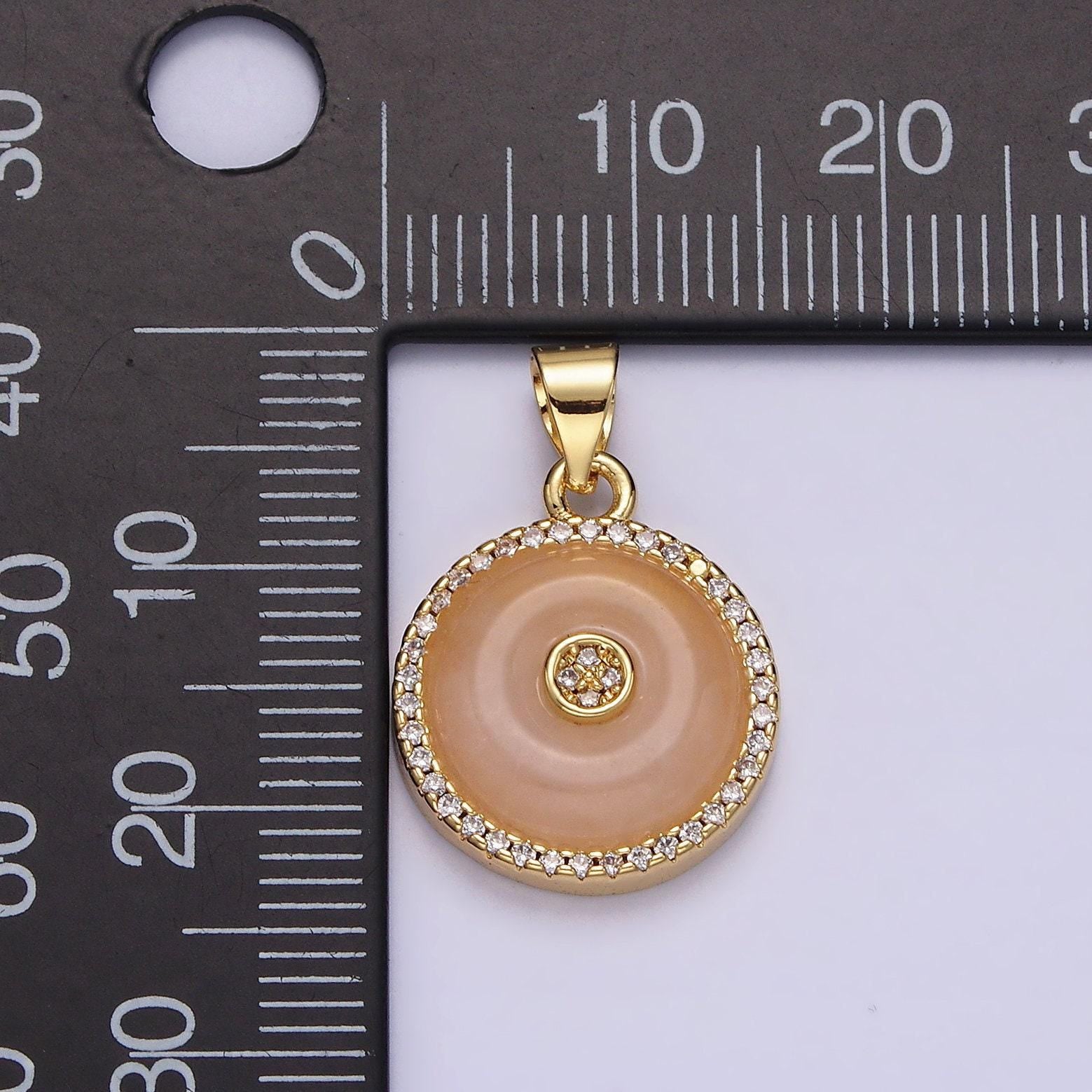14k gold filled orange cat's eye, white howlite donut natural gemstone micro paved cz round pendant | aa662 aa663