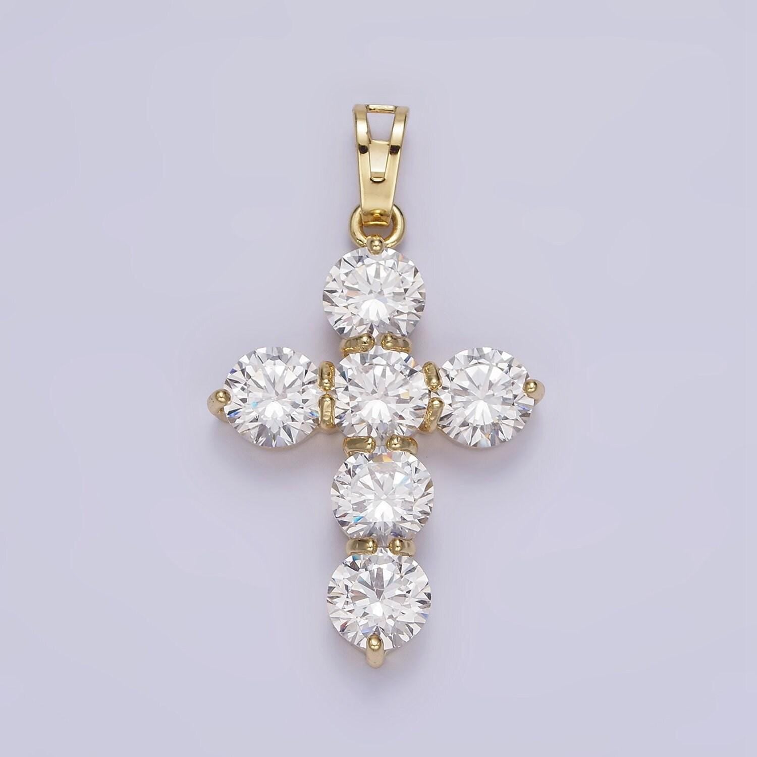 14k gold filled clear cz round lined religious cross pendant | aa650
