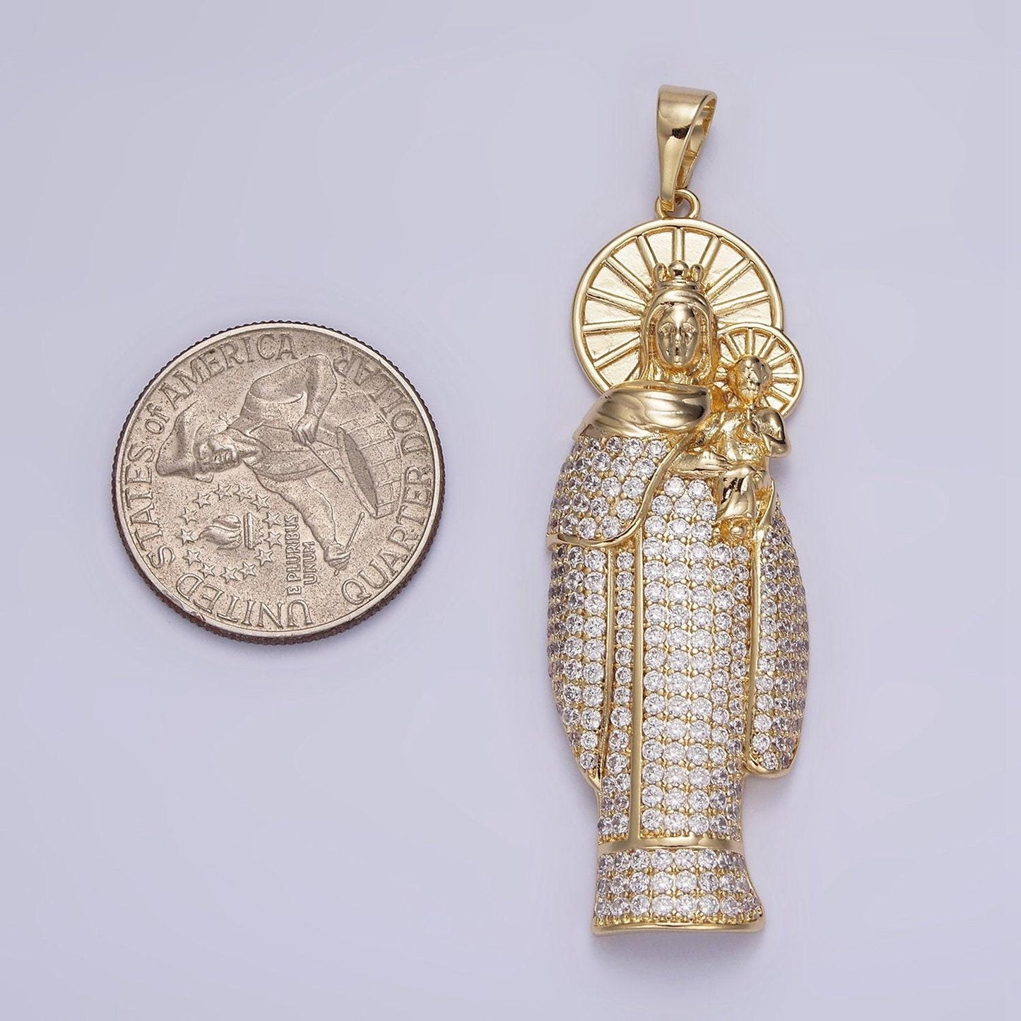 14k gold filled 65mm double sunburst lady guadalupe clear micro paved pendant | aa648