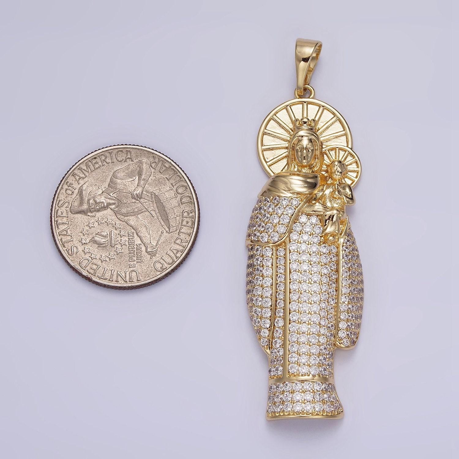 14k gold filled 65mm double sunburst lady guadalupe clear micro paved pendant | aa648