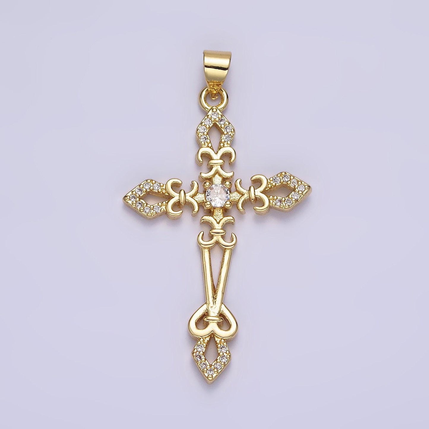 14k gold filled clear cz micro paved fleur de lis open passion cross artisan pendant | aa638
