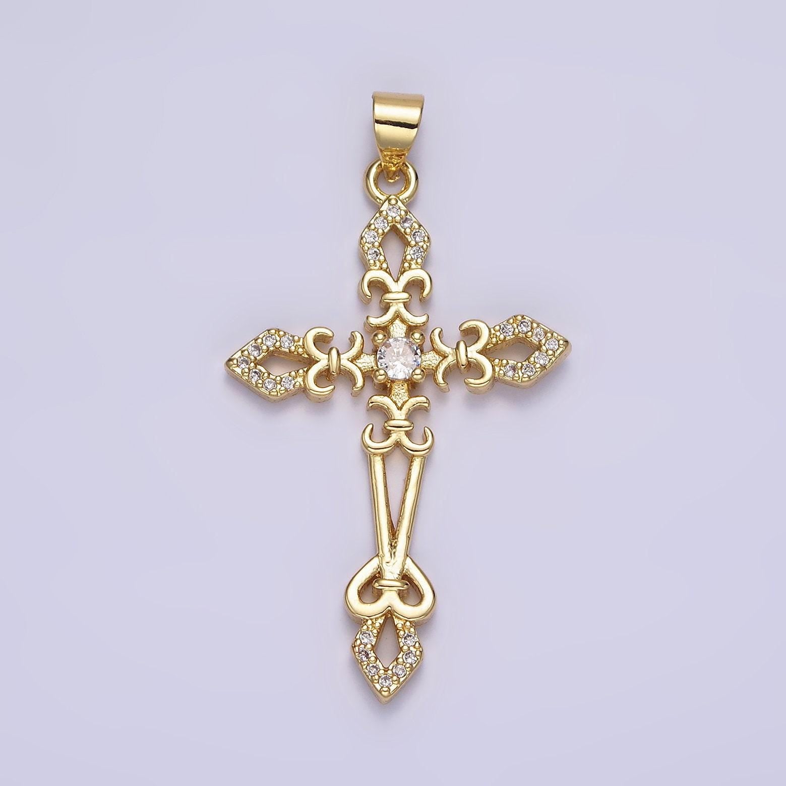14k gold filled clear cz micro paved fleur de lis open passion cross artisan pendant | aa638