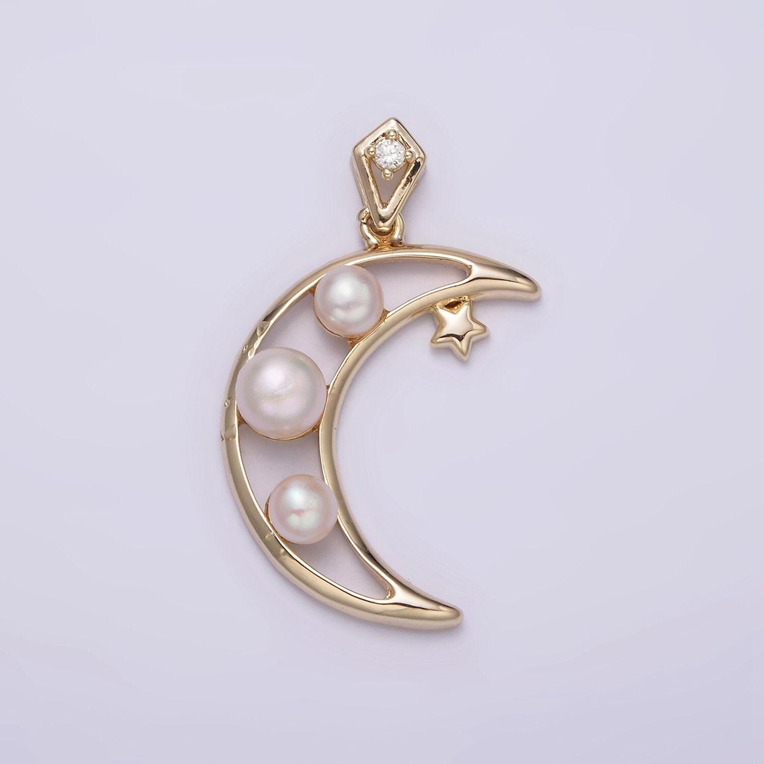14k gold filled open celestial crescent moon triple pearl star cz bail pendant | aa634