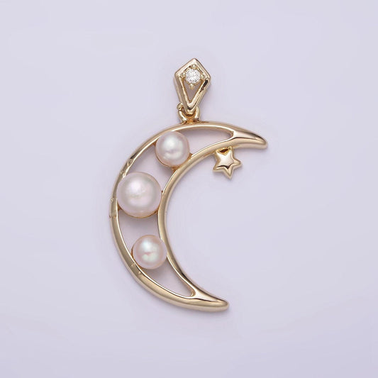 14k gold filled open celestial crescent moon triple pearl star cz bail pendant | aa634