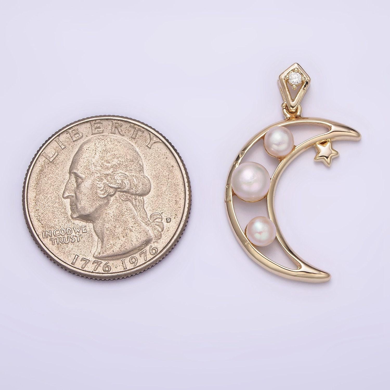 14k gold filled open celestial crescent moon triple pearl star cz bail pendant | aa634