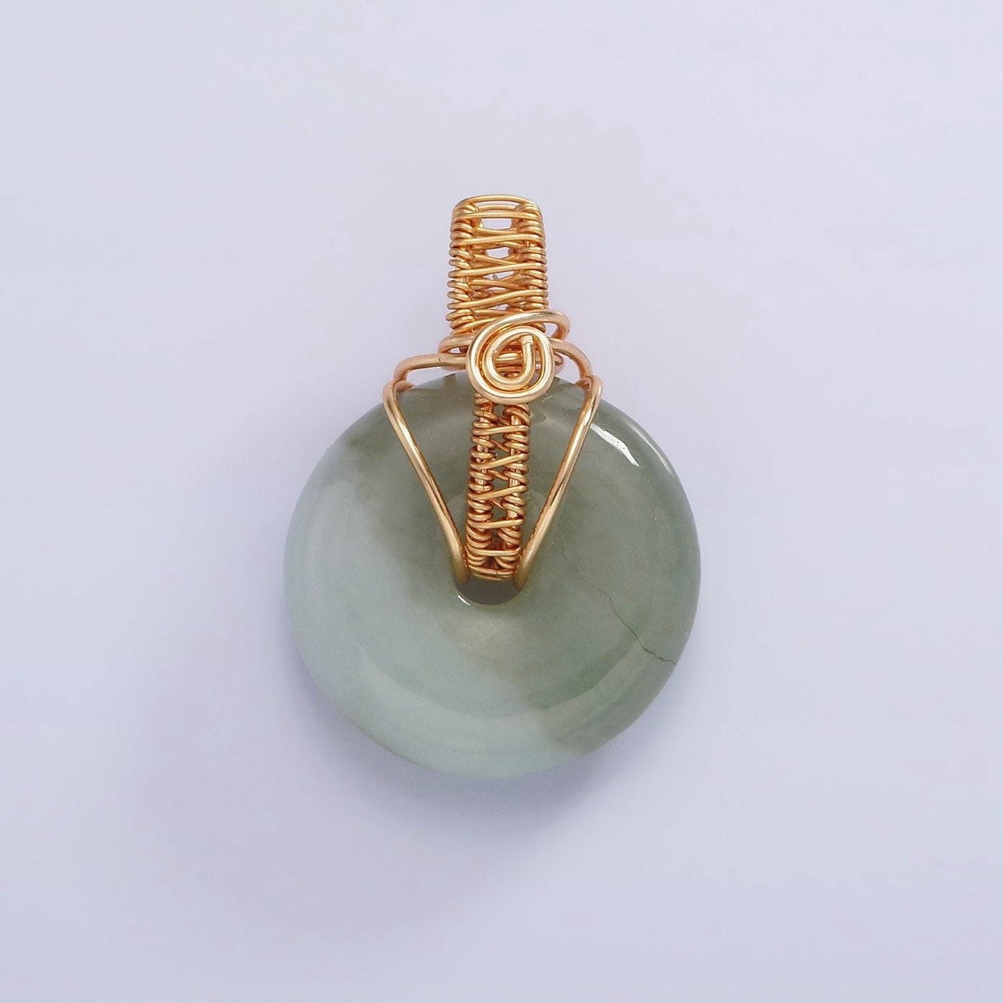 Stunning chinese green donut charm green jade pendant lucky stone with gold wire handmade swirl bail for necklace supply aa628