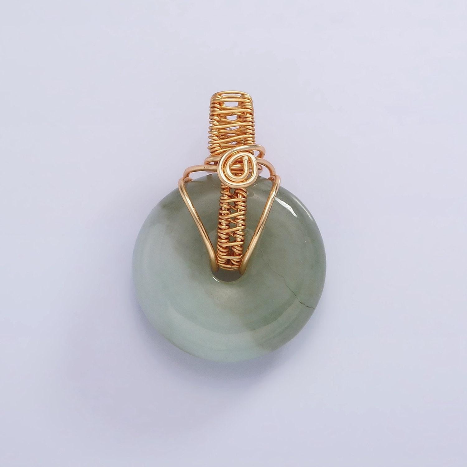Stunning chinese green donut charm green jade pendant lucky stone with gold wire handmade swirl bail for necklace supply aa628