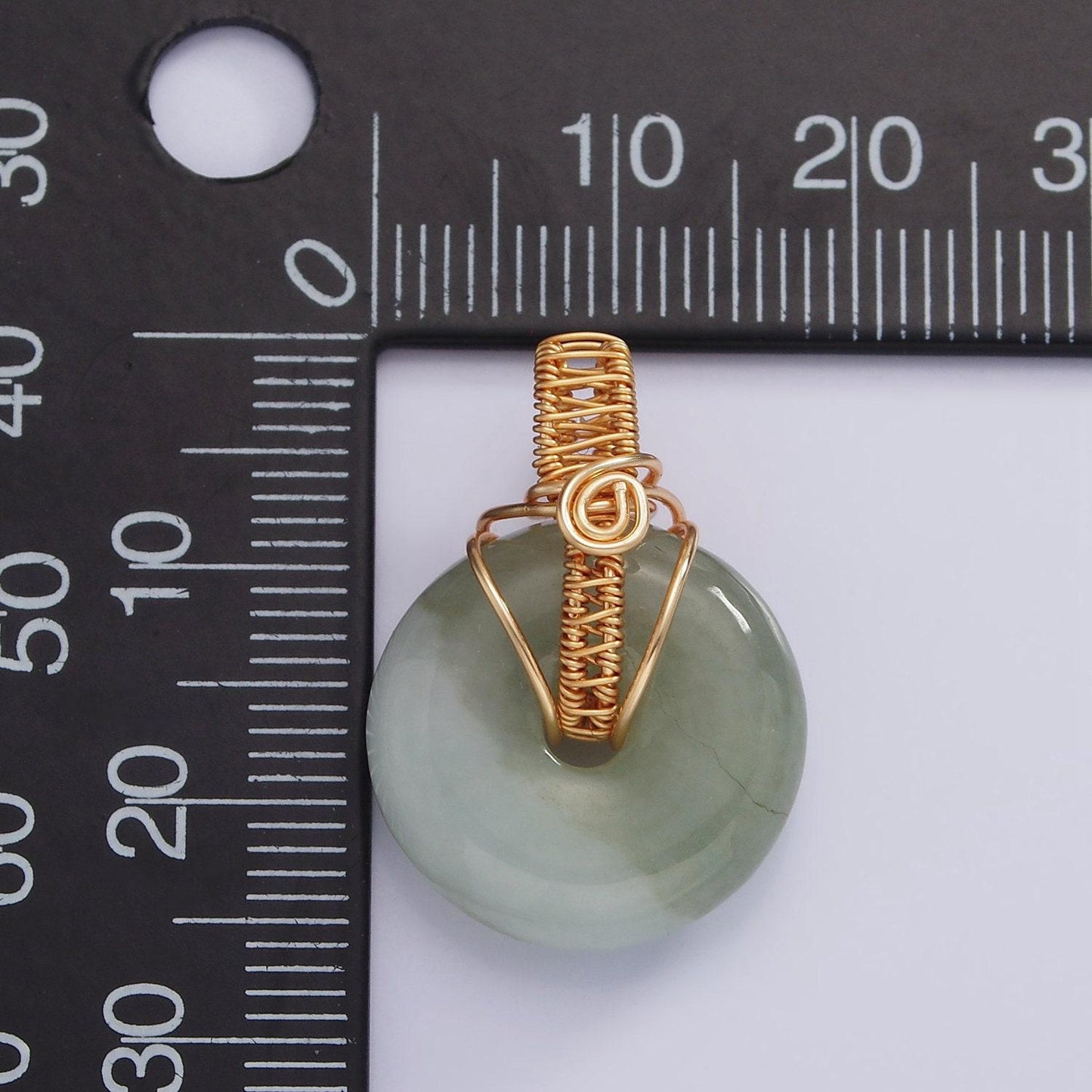 Stunning chinese green donut charm green jade pendant lucky stone with gold wire handmade swirl bail for necklace supply aa628