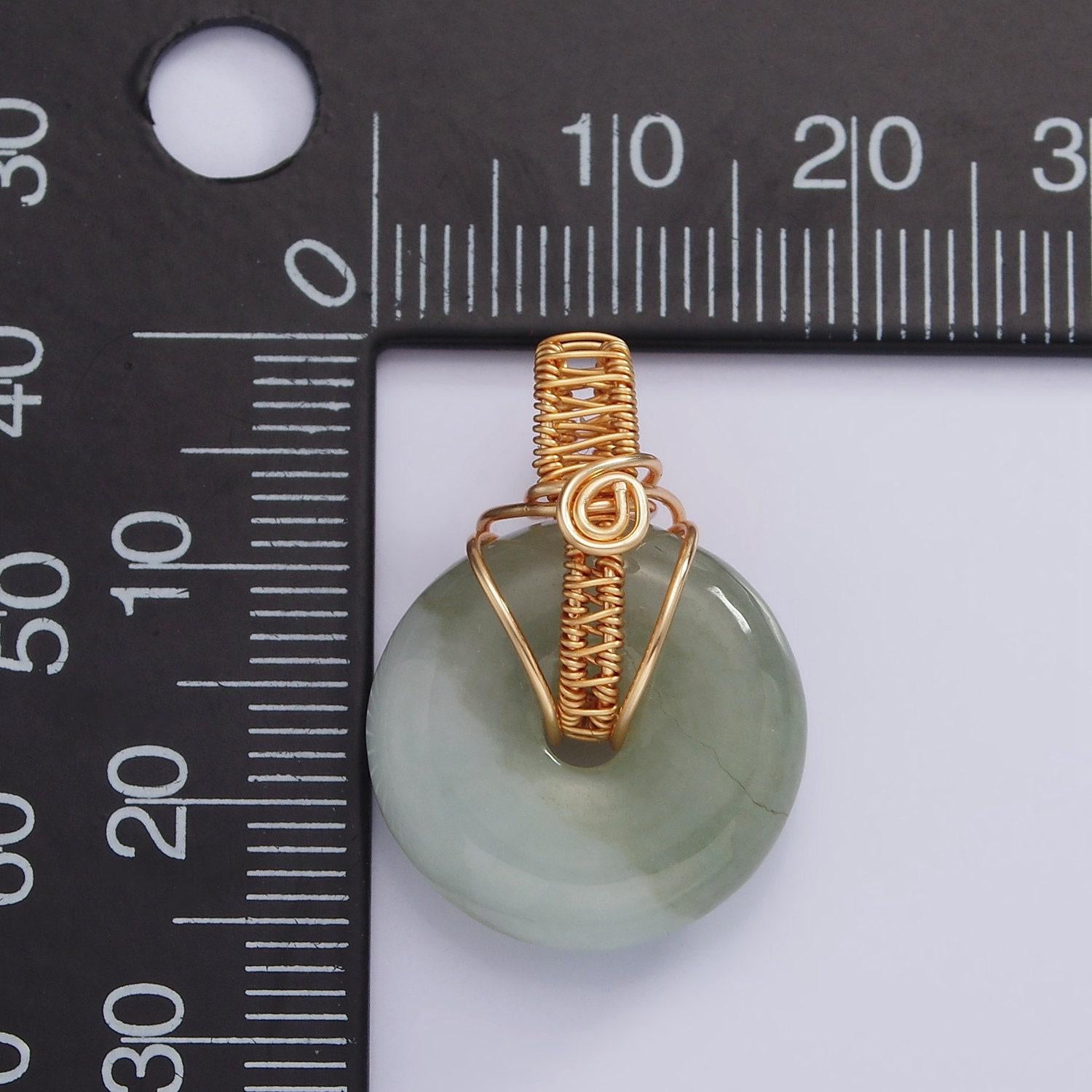 Stunning chinese green donut charm green jade pendant lucky stone with gold wire handmade swirl bail for necklace supply aa628
