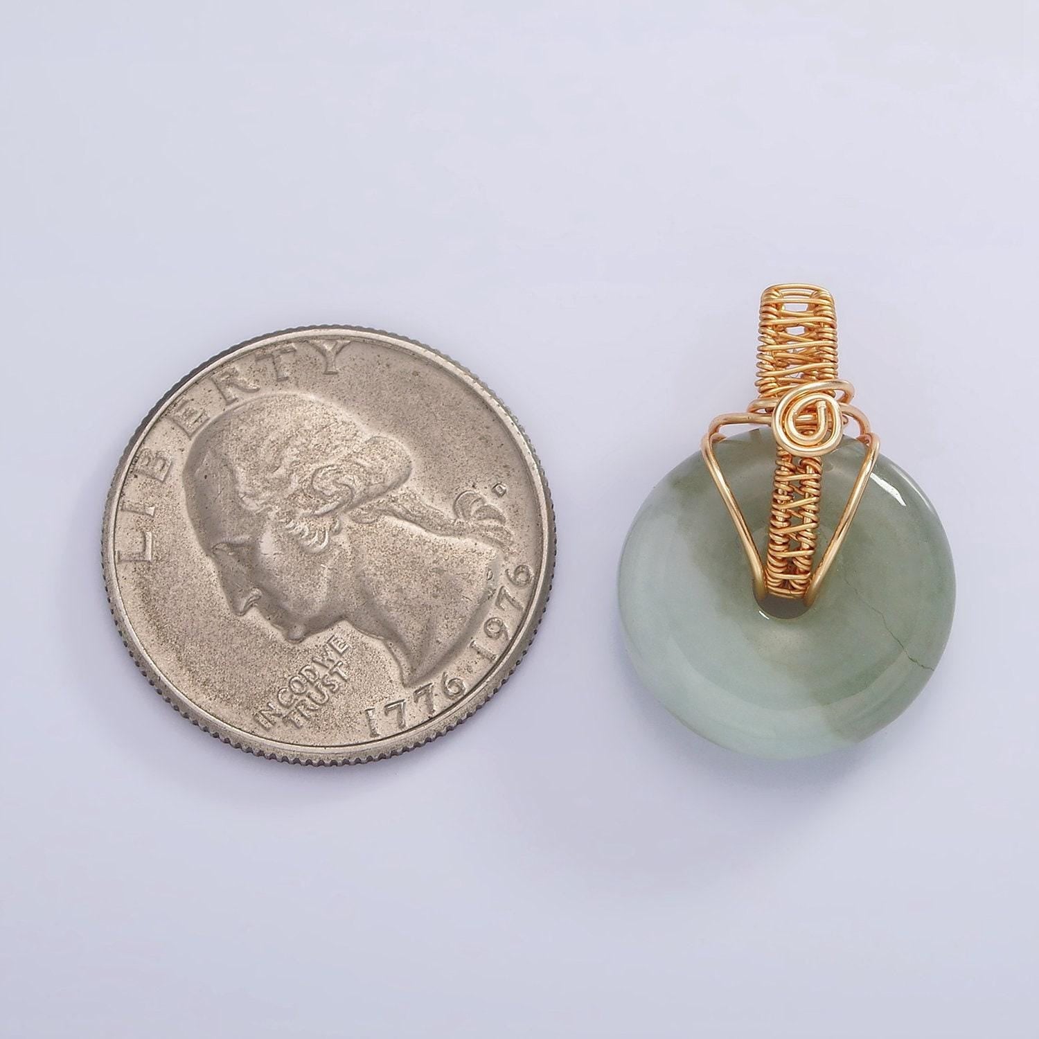 Stunning chinese green donut charm green jade pendant lucky stone with gold wire handmade swirl bail for necklace supply aa628