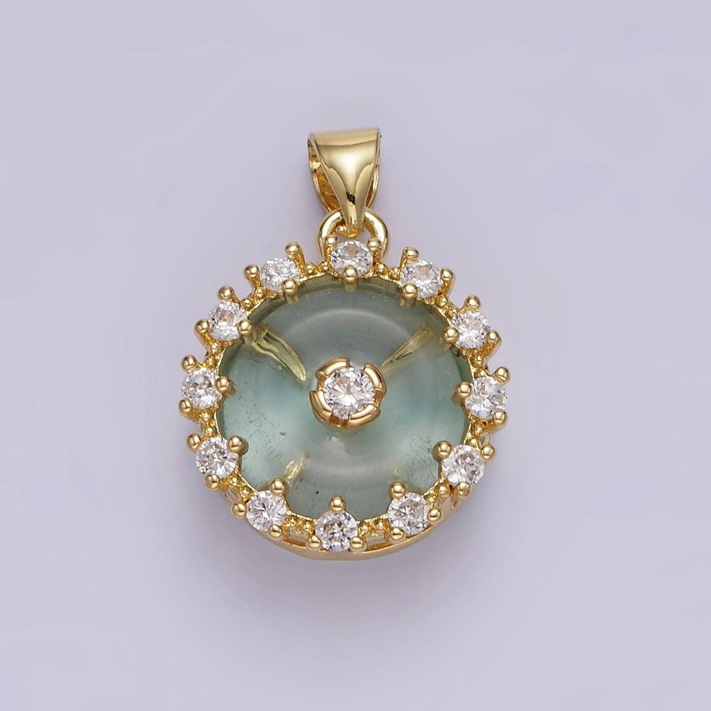 14k gold filled natural gemstone fluorite donut clear cz round outline pendant | aa606