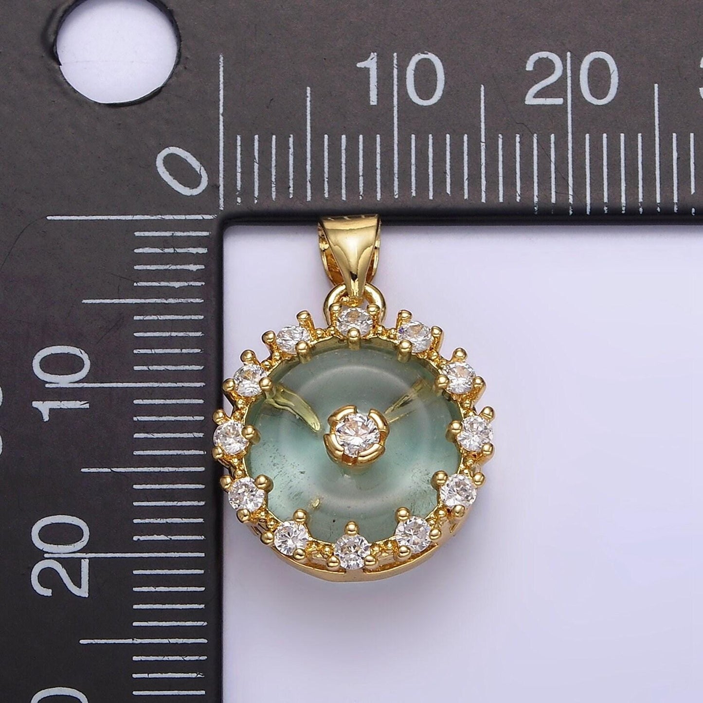 14k gold filled natural gemstone fluorite donut clear cz round outline pendant | aa606